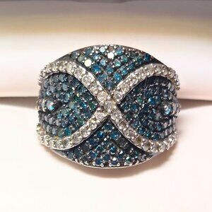 V4 Jewelry 2-Carat Blue & White Diamond Wide Crisscross Ring - Size 7